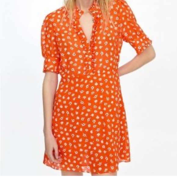 004 Zara Orange Size Medium Printed Knee Length Short Sleeve Dress - Picture 2 of 8